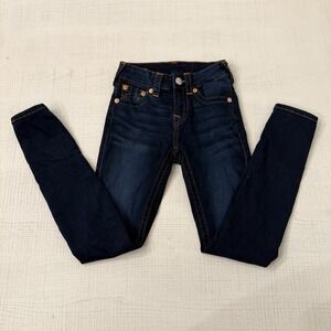 TRUE RELIGION Jennie Curvy Mid Rise Skinny Blue Jeans Size 23 Orange Stitch EUC